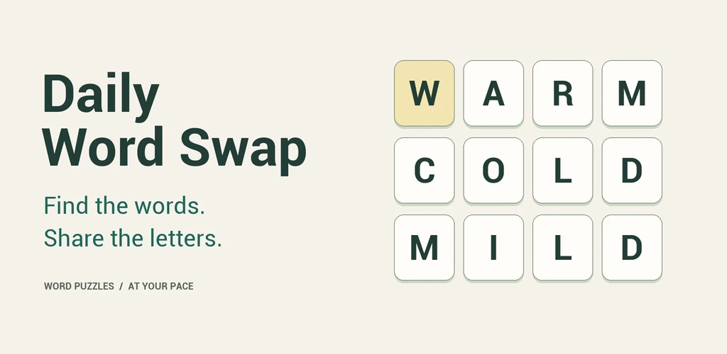 Word Swap puzzle with clues and letter tiles.